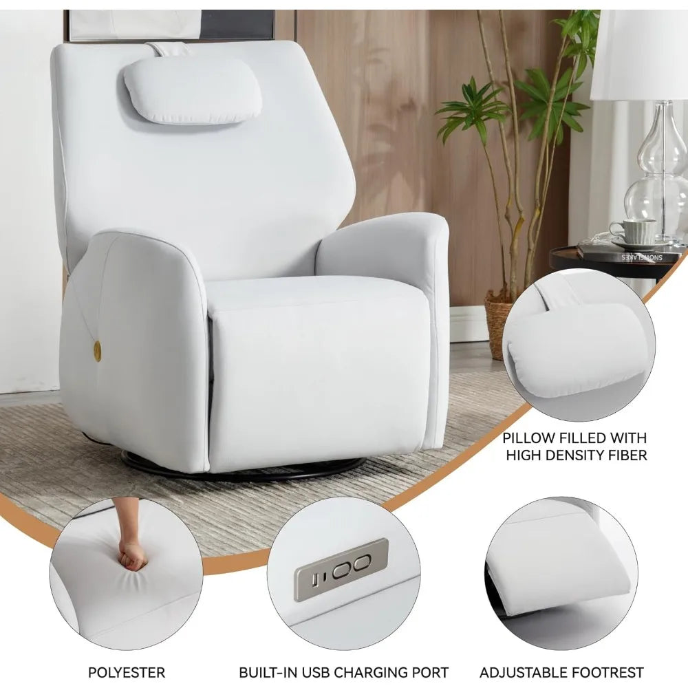 Nursery Swivel Glider Rocker Chair, Power Reclining with Adjustable Headrest and USB Ports