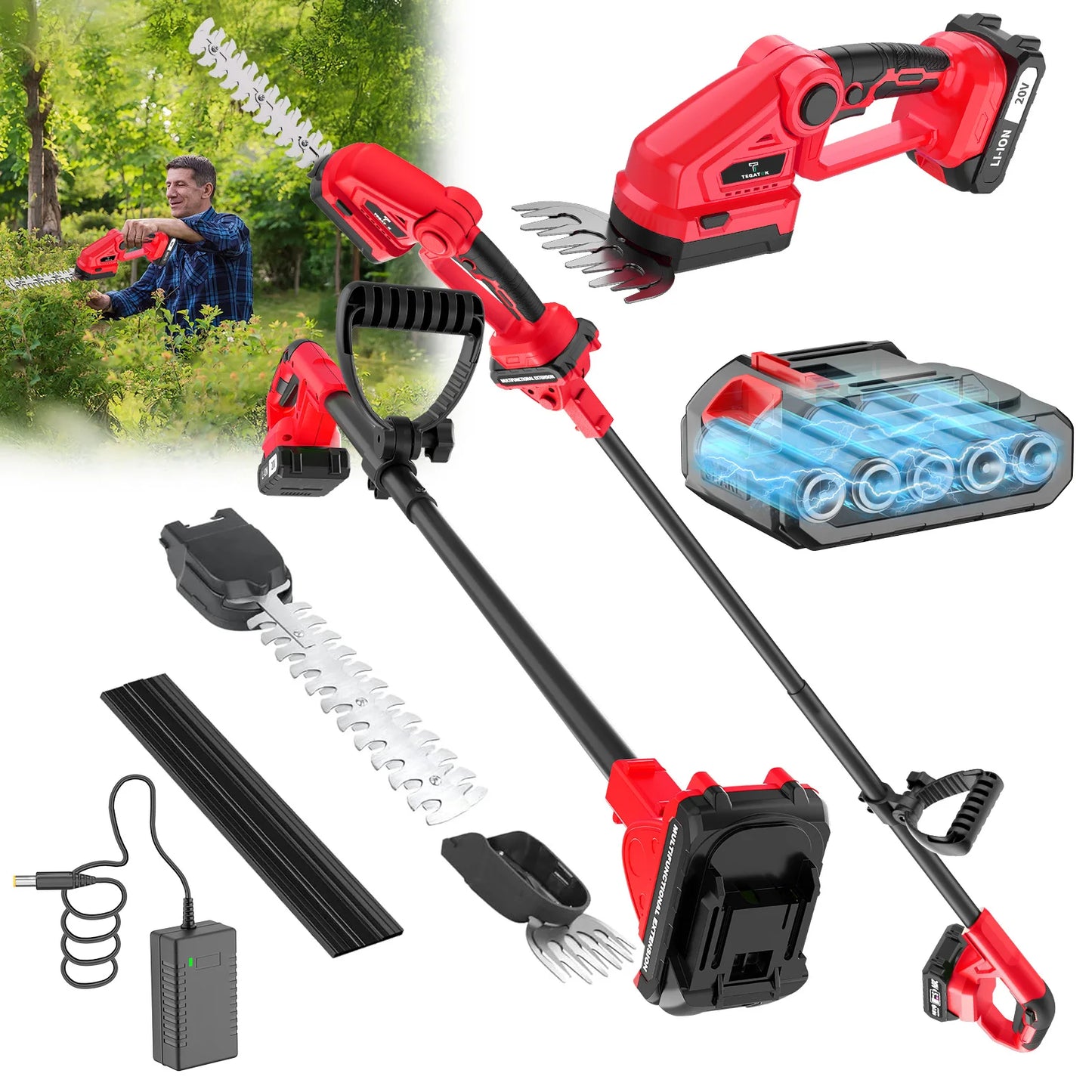 TEGATOK 2-In-1 Electric Hedge Trimmer With Extension Pole Cordless