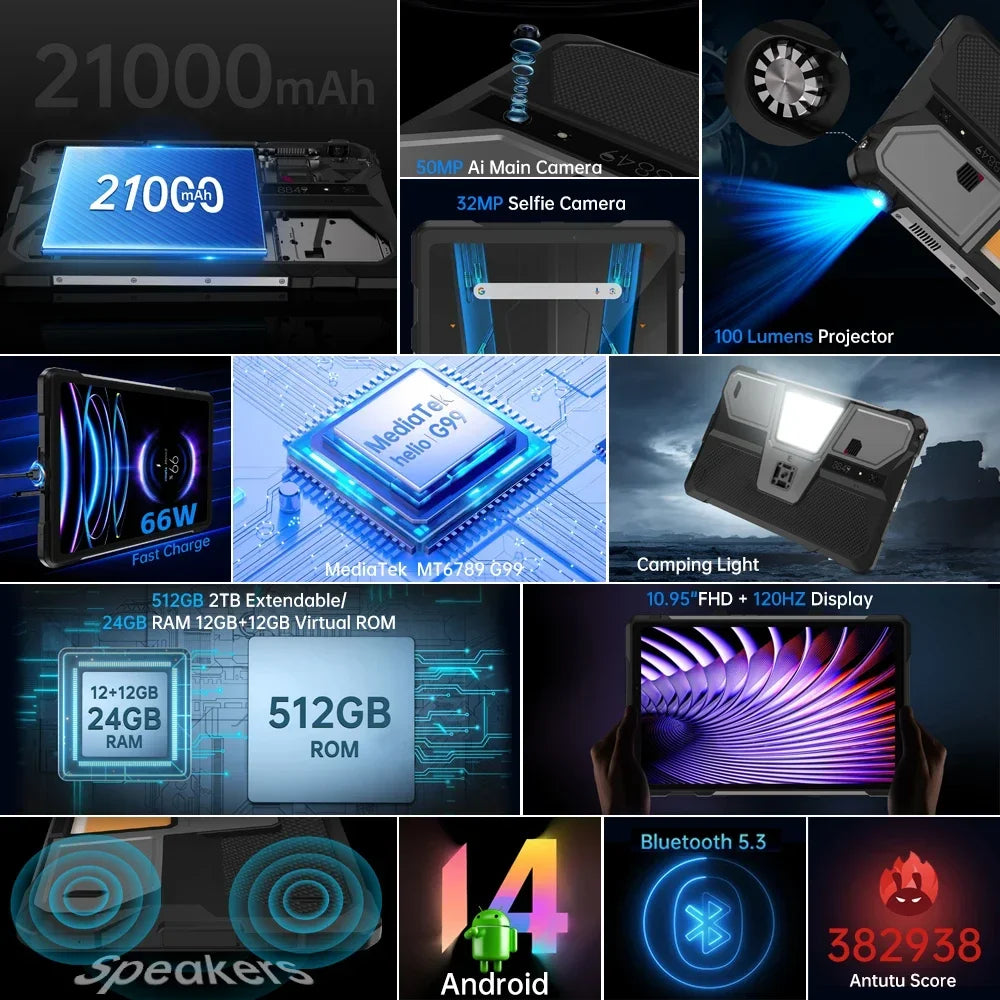 8849 TANK PAD E Unihertz Rugged Projector Tablet Android 14 Smartphone 10.95 inch 120Hz 24GB 512G 21000mAh 50MP 66W Phone Tablet