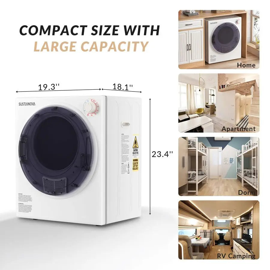 Compact Laundry Dryer, 2.6 cu ft Front Load Stainless Steel Clothes Dryers with Exhaust Pipe, 1400W, Control Panel FourFunction