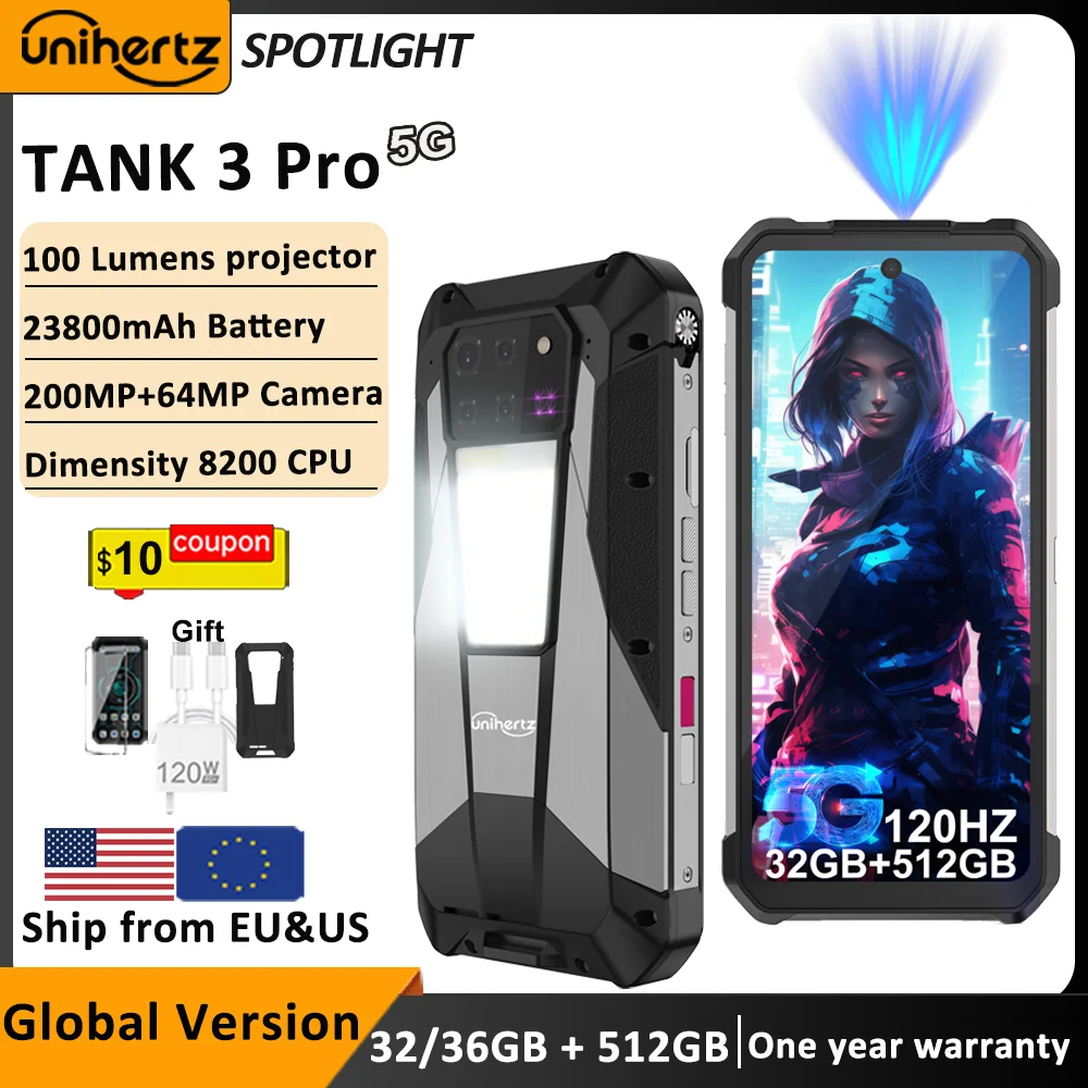 Unihertz Tank 3 Pro 8849 Rugged 5G Phone with 100 Lumens Projector Android 14 32GB 512GB 23800mAh Waterproof Phone WIFI 6 NFC
