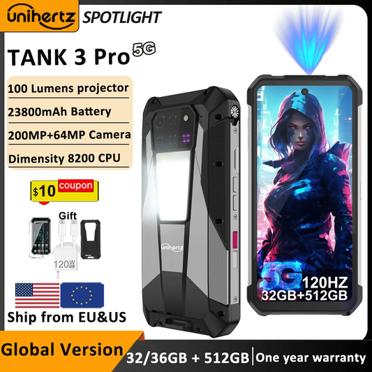 Unihertz Tank 3 Pro 8849 Rugged 5G Phone with 100 Lumens Projector Android 14 32GB 512GB 23800mAh Waterproof Phone WIFI 6 NFC