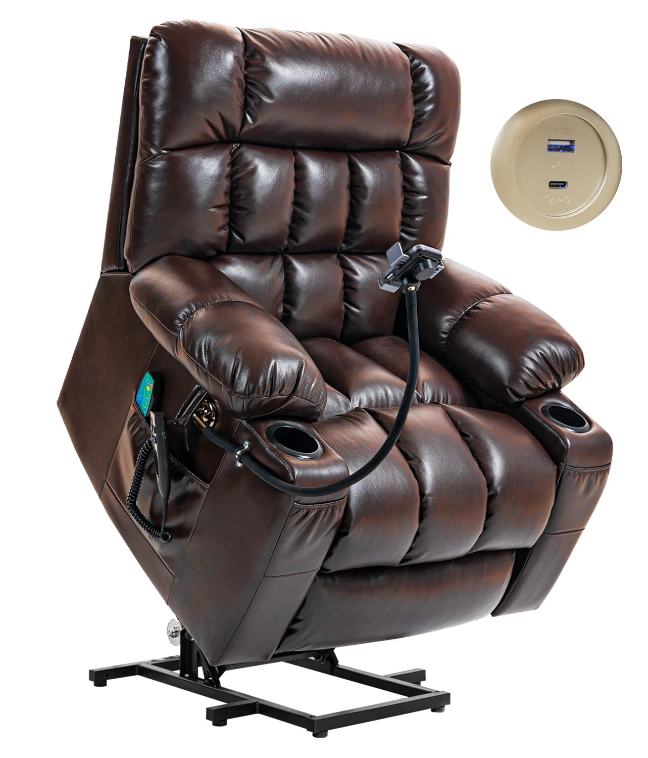 Leather Heated Lift Recliner Chair with Dual Motor, Massage, Cup Holder, Wireless Charging, USB, Brown