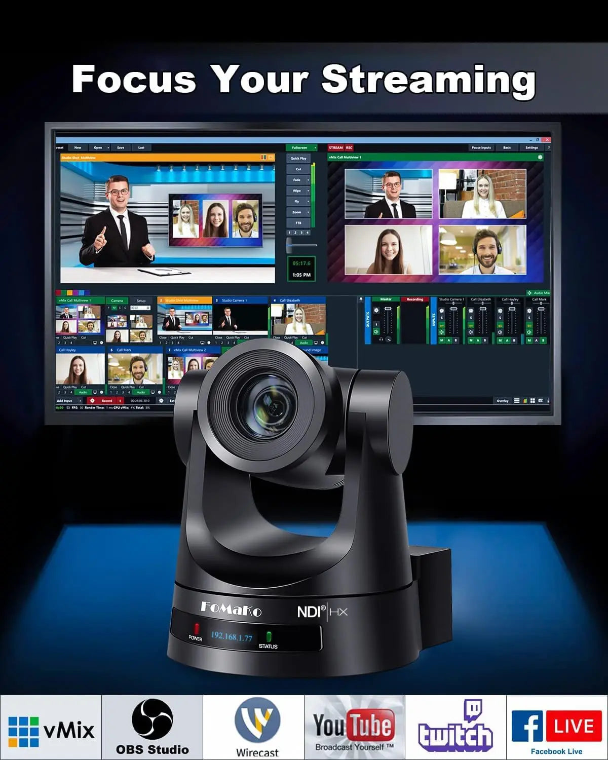 FoMaKo NDI6 Camera 30X Optical Zoom NDI PTZ Camera HDMI+KC601Pro Video Mixer Switcher+KC608 Pro PTZ Controller,KN30A+KC601+KC608