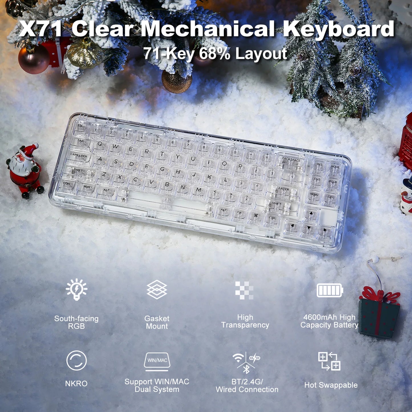 YUNZII X71 Mechanical Keyboard Bluetooth USB C 2.4G Hot Swap