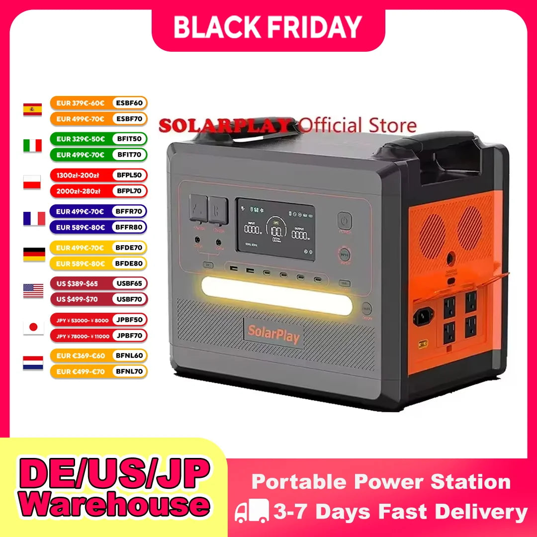 SOLARPLAY Portable Power Station 2500W/2300Wh Solar Generator with 4 AC Outlets (4800W Peak) Large Capacity Emergency Power