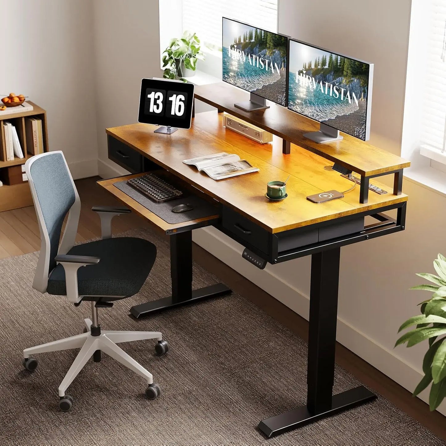 Electric Standing Desk with Drawers & Keyboard Tray, 55 Inch Height Adjustable Gaming Desk with Power Outlets & LED Lights, Sit