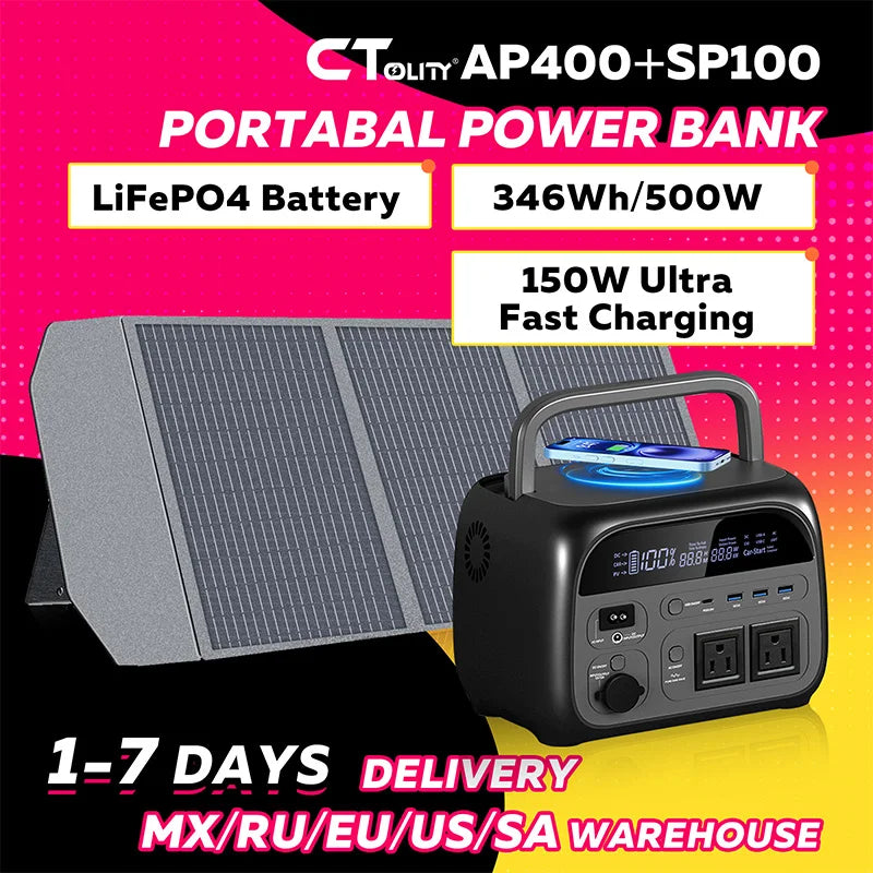 CTOLITY AP400 500W Solar Generator 345WH Portable Power Station+100W Solar Panel Lifepo4 Batteries 110V/230V Pure Sine Wave AC