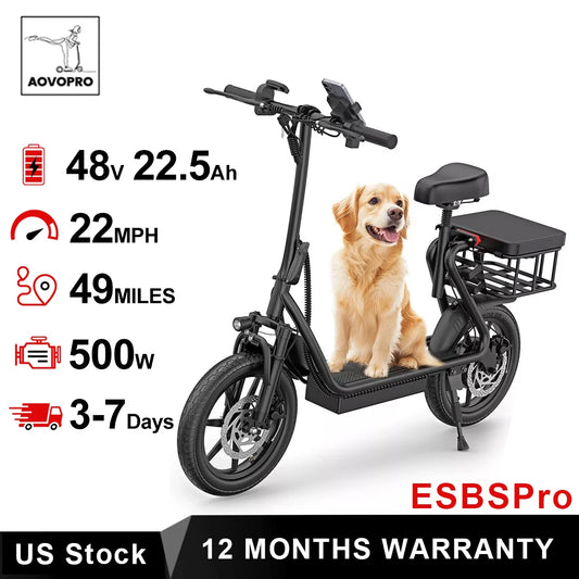 AOVOPRO ESBS 500W 14inch Electric Bicycle 10.4AH Battery 28Miles Max Range 22MPH Max Speed Shock Absorption Foldable Adult Ebike