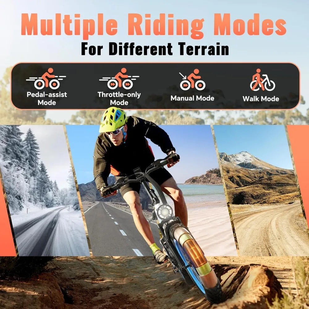 Folding 52V 20Ah Removabke Battery Electric Bike 1500W Peak Motor 20'' Fat Tire Mountain Commuter 30MPH