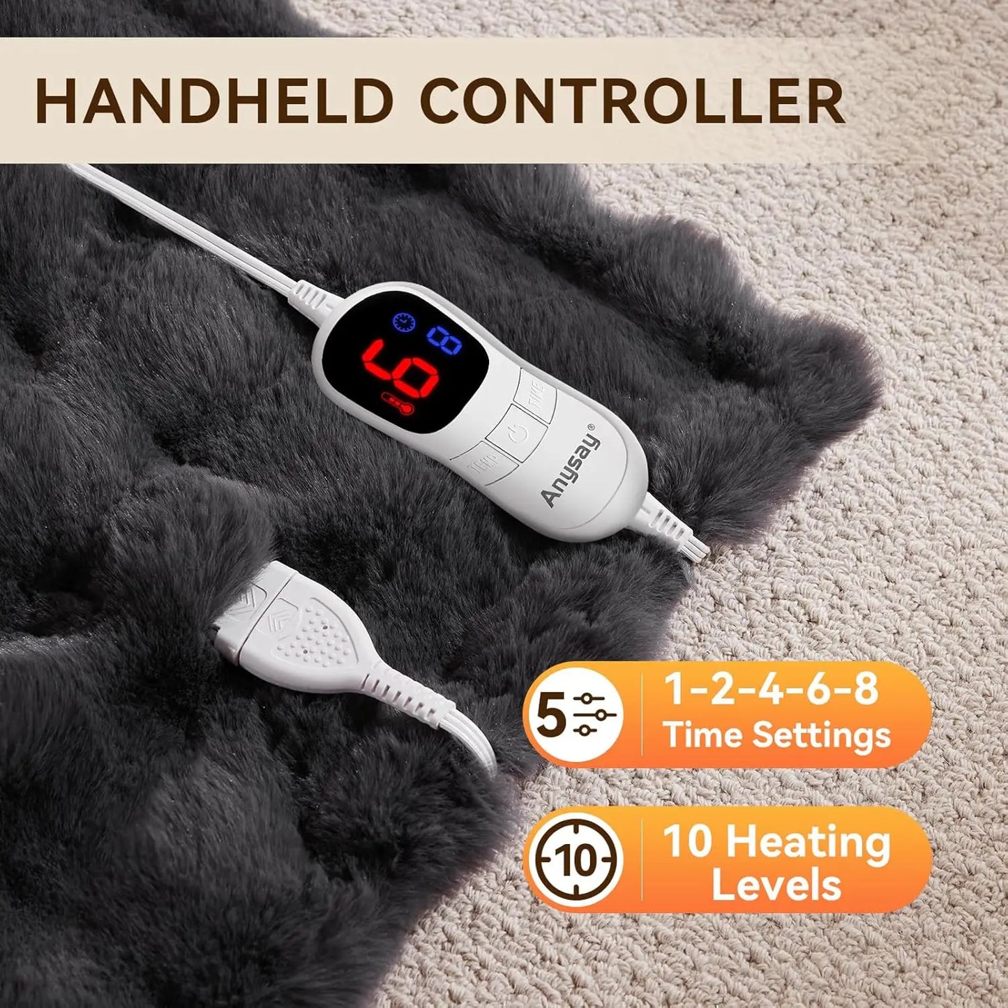 Cozy Electric Heated Blanket with Auto-Off Timer, 10 Heat Levels, Overheat Protection - Dark Grey