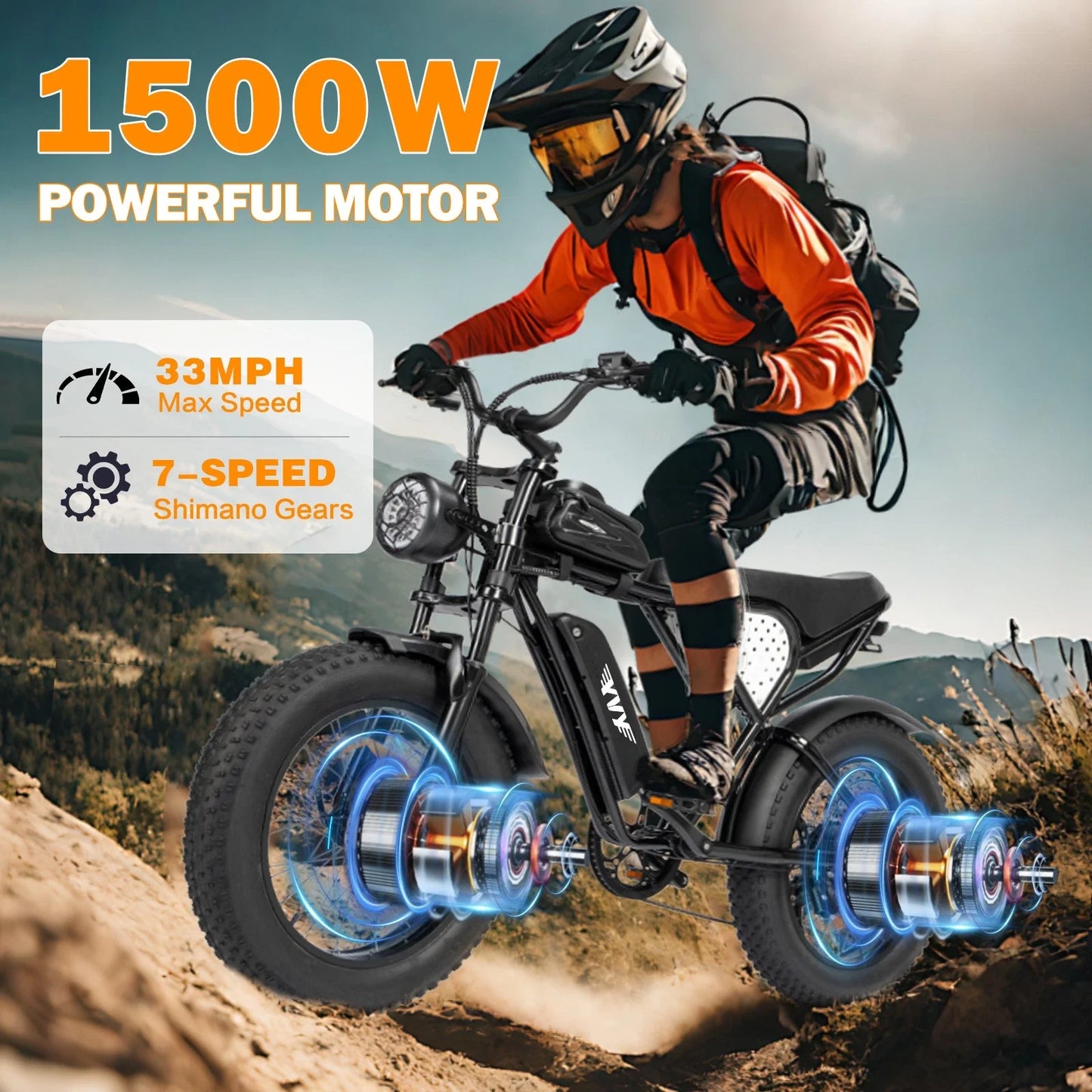 YVY Electric Bike for Adults 1500W 33MPH 48V 20Ah Removable Battery 20" All Terrain for Mountains Sand Fat Tire Ebike Motorcycle