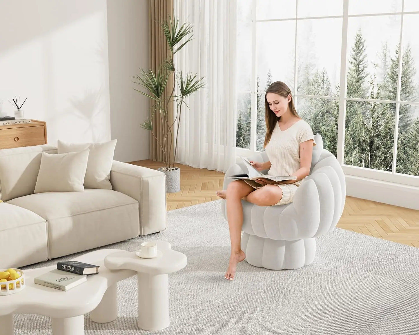 Century Modern Swivel Velvet Accent Chair, Beige