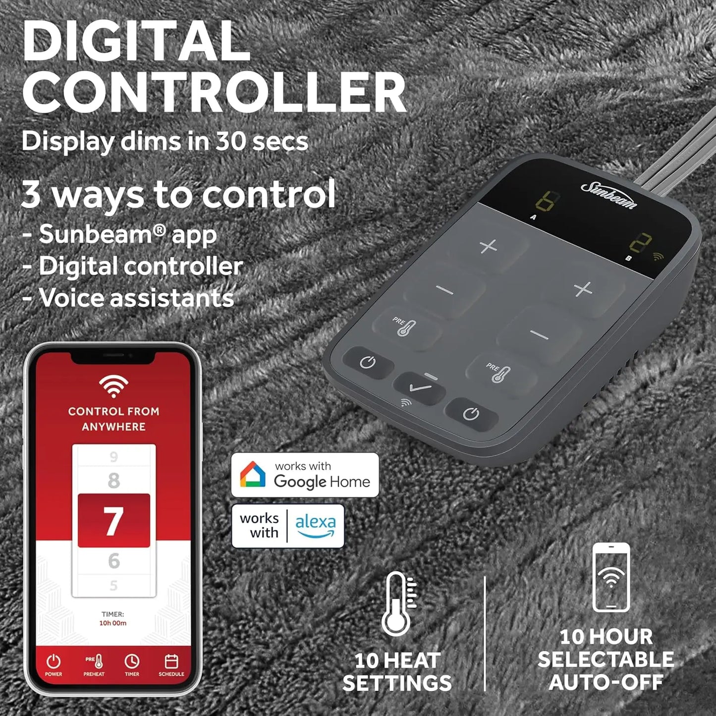 Wi-Fi Connected Heated Blanket with 10 Heat Settings, King Size, Slate Gray