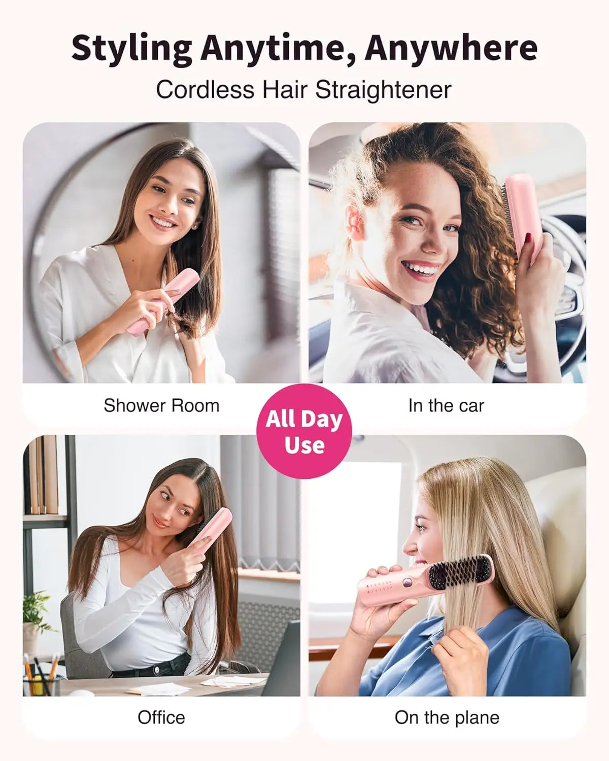 Cordless Hair Straightener Brush 450°F Adjustable Temp 30s Fast Heating 10000mAh Travel Wireless Straightening Comb Adult Kids