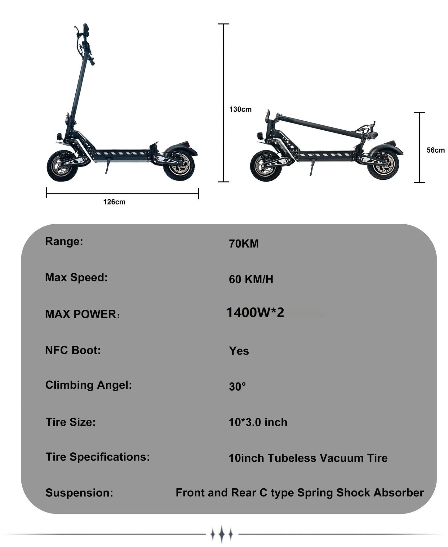 Electric Scooter DT10 3300W Double Motor 52V21AH Lithium Battery Double Suspension Fold Electric Scooter 10-Inch Vacuum Tires