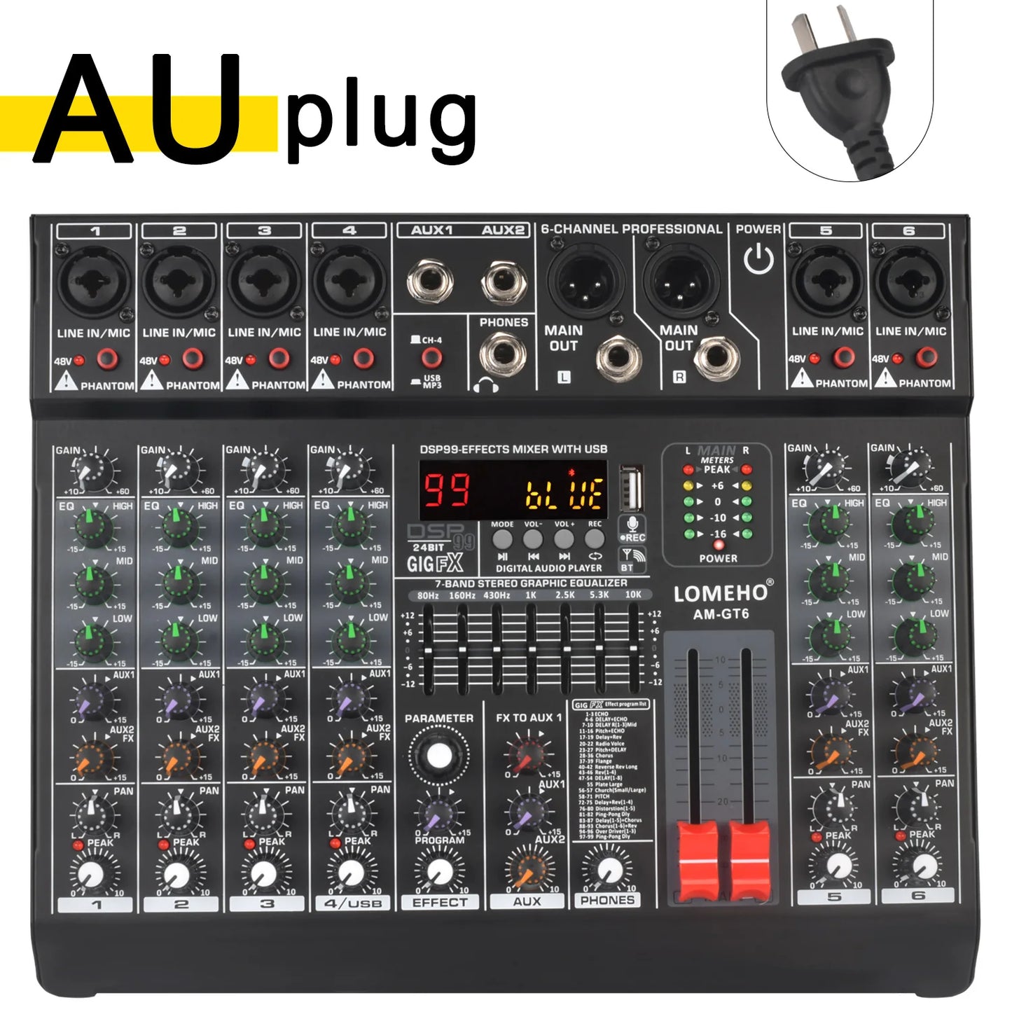 Lomeho 6 Channel Mixing Console Mono 99 Digital Effect USB Sound Card dj Mixer Bluetooth 48V 2 AUX Dj Karaoke Audio Table AM-GT6
