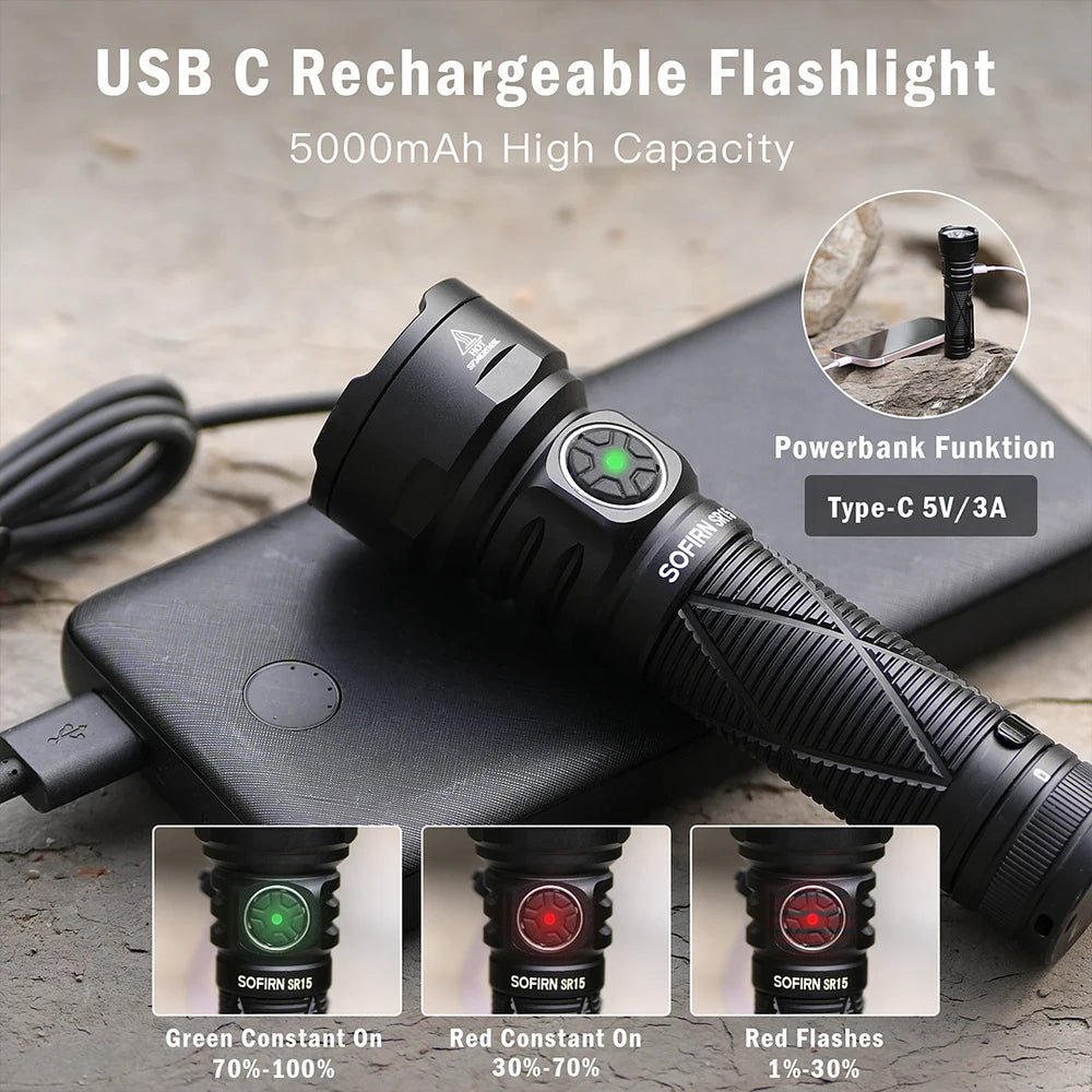 Sofirn SR15 Flashlight 4500LM SFT25R Powerful LED Light 21700 USB C Rechargeable 5V/3A Charge and Discharge Torch