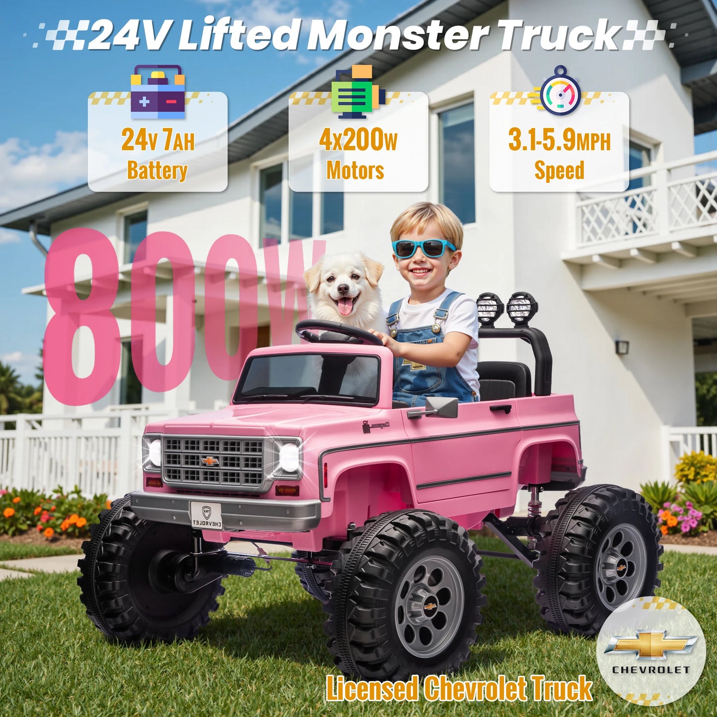 24V Ride on Car, Licensed Chevrolet Cheyenne Truck w/4X200W Motor, Remote Control, Decoration Streamer