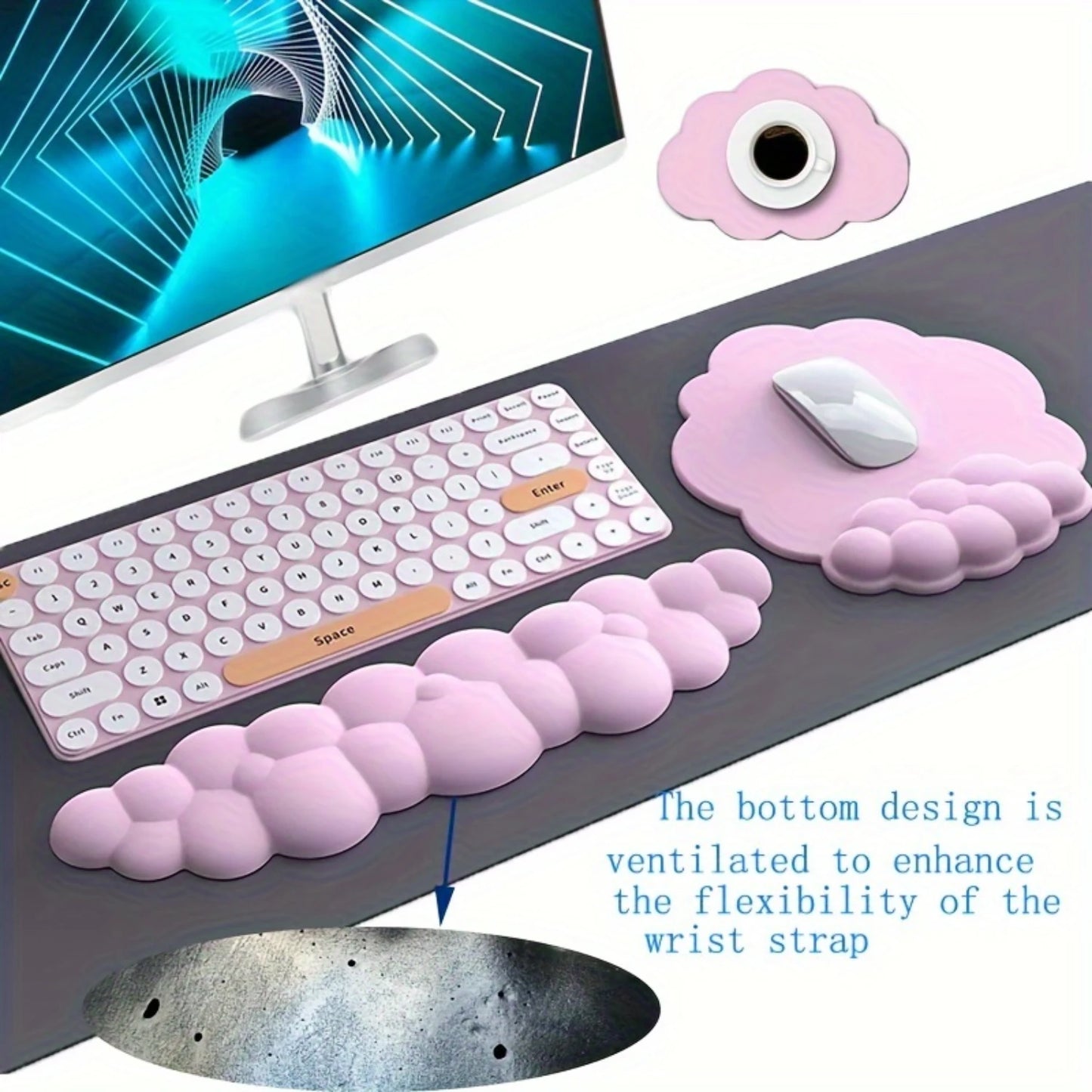 3-Piece Cloud-Shaped Mouse and Keyboard Pads with Wrist Support Set - Ergonomic PU Leather Desk Accessories with Water-Resistant