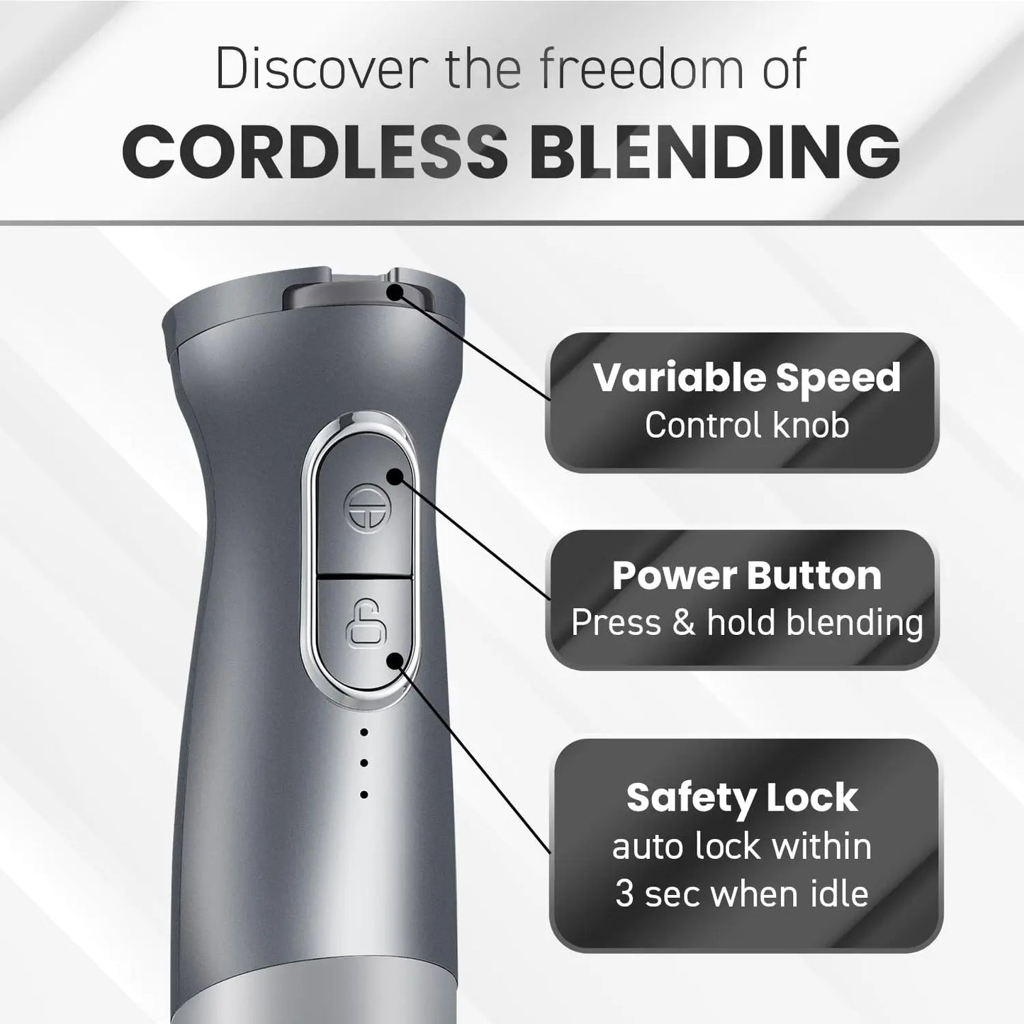 EHB1300 Cordless Hand Blender, Rechargeable Stick Mixer with Stainless Steel Blades, One-Touch Power, Portable, Charcoal Grey