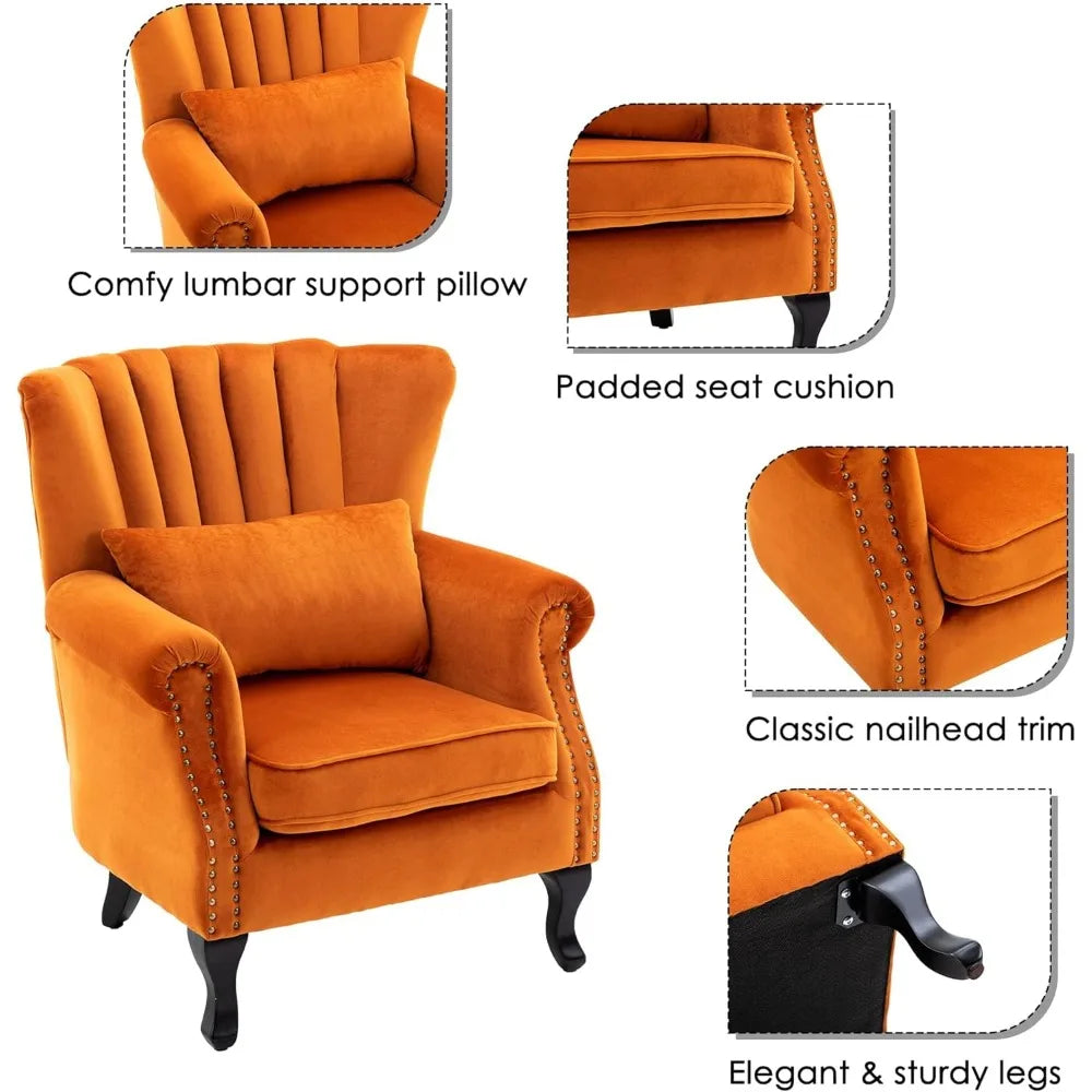 Mid-Century Modern Accent Chair, Comfortable Single Sofa with Channel Back and Pillow for Living Room and Bedroom