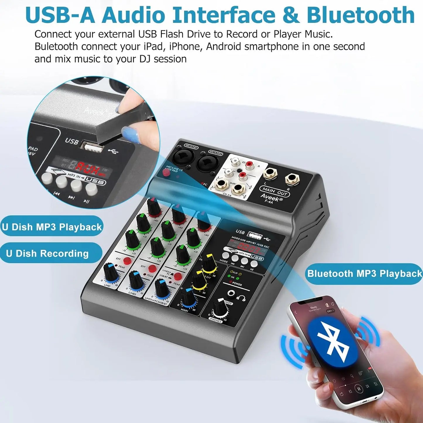 Aveek Professional Audio Mixer,Sound Board Mixing Console with 4Channel Digital USB Bluetooth Echo Delay Effect,Input 48V Stereo