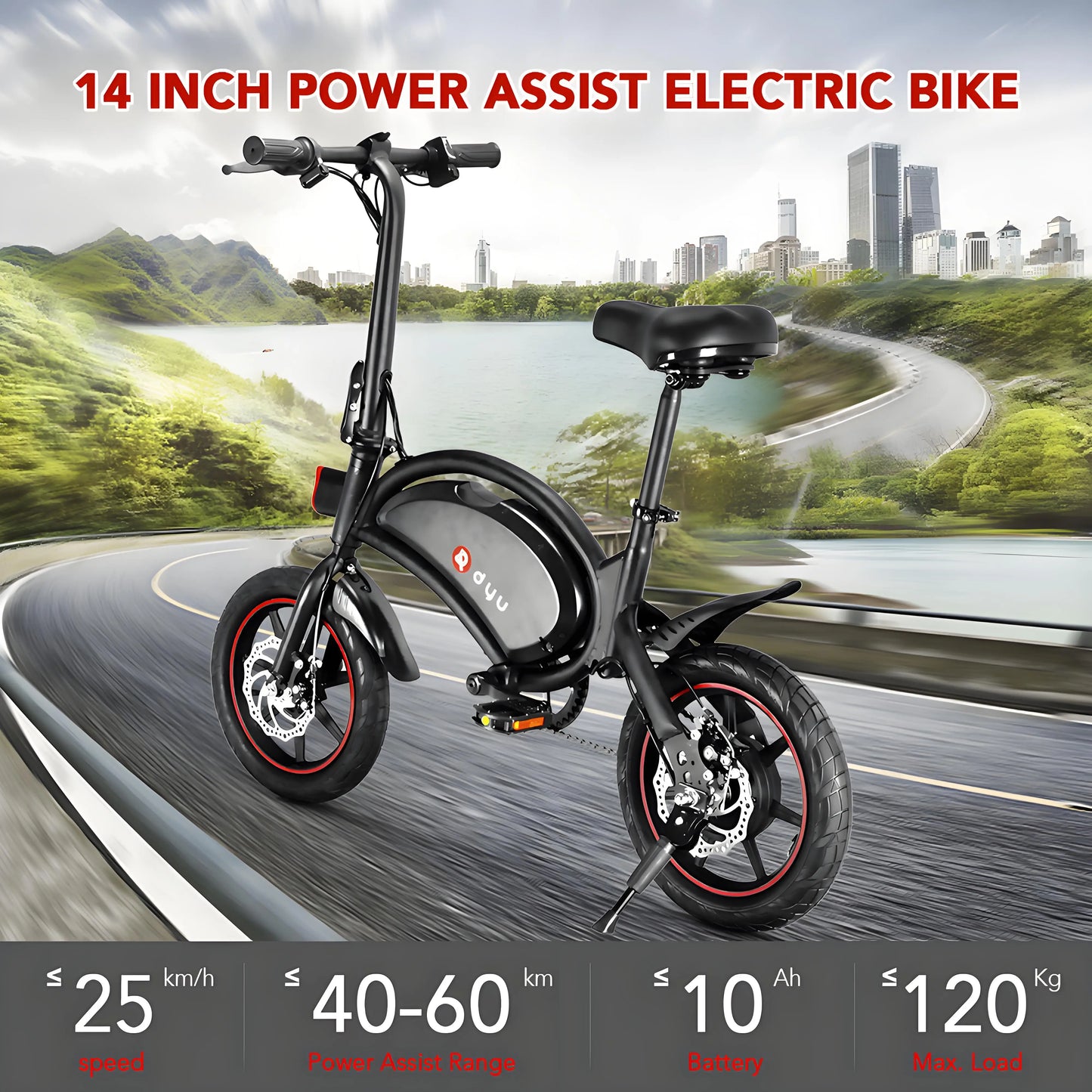 DYU D3F Adult Electric Bicycle, 250W city ebike, 36V 10AH E-bike, 14  Tire Foldable Electric Bike