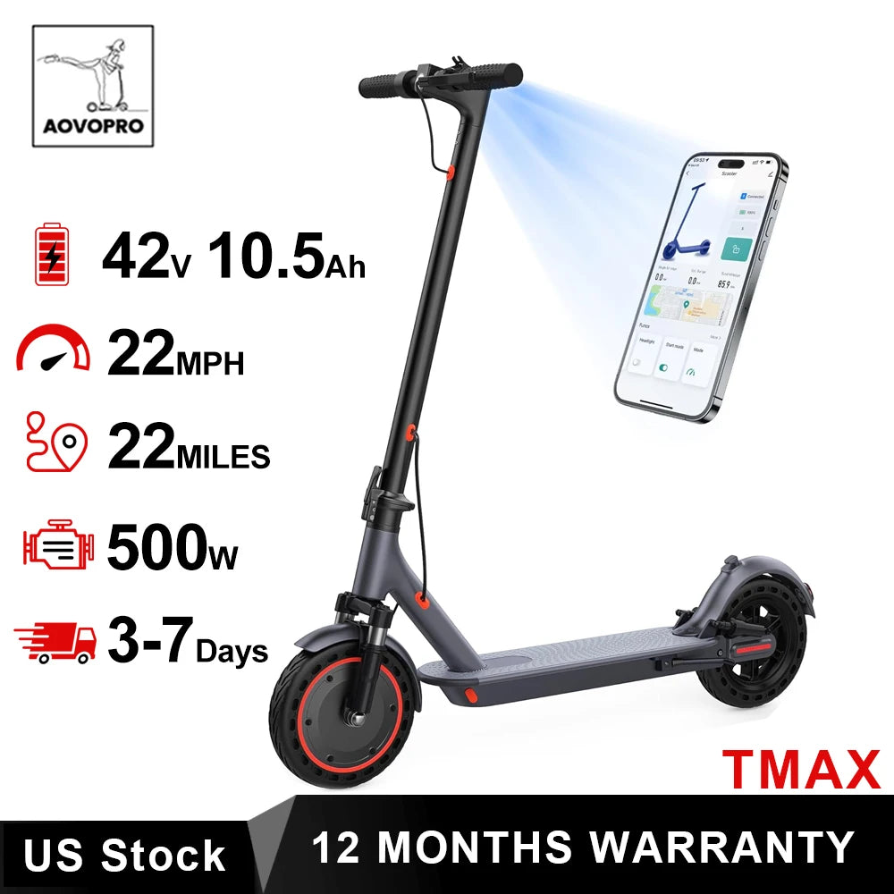AOVOPRO TMAX 10inch Electric Scooter 500W 22MPH Adult APP Smart Scooter Shock-absorbing Anti-skid Folding Electric Scooter