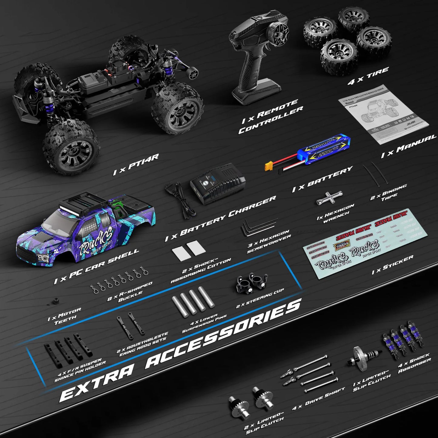 JIUSI PT14R 1/14 Brushless RC Car 4WD Remote Control Monster Truck 3S Battery 80KM/H High Speed Off-road RC Car for Aduit/Kids