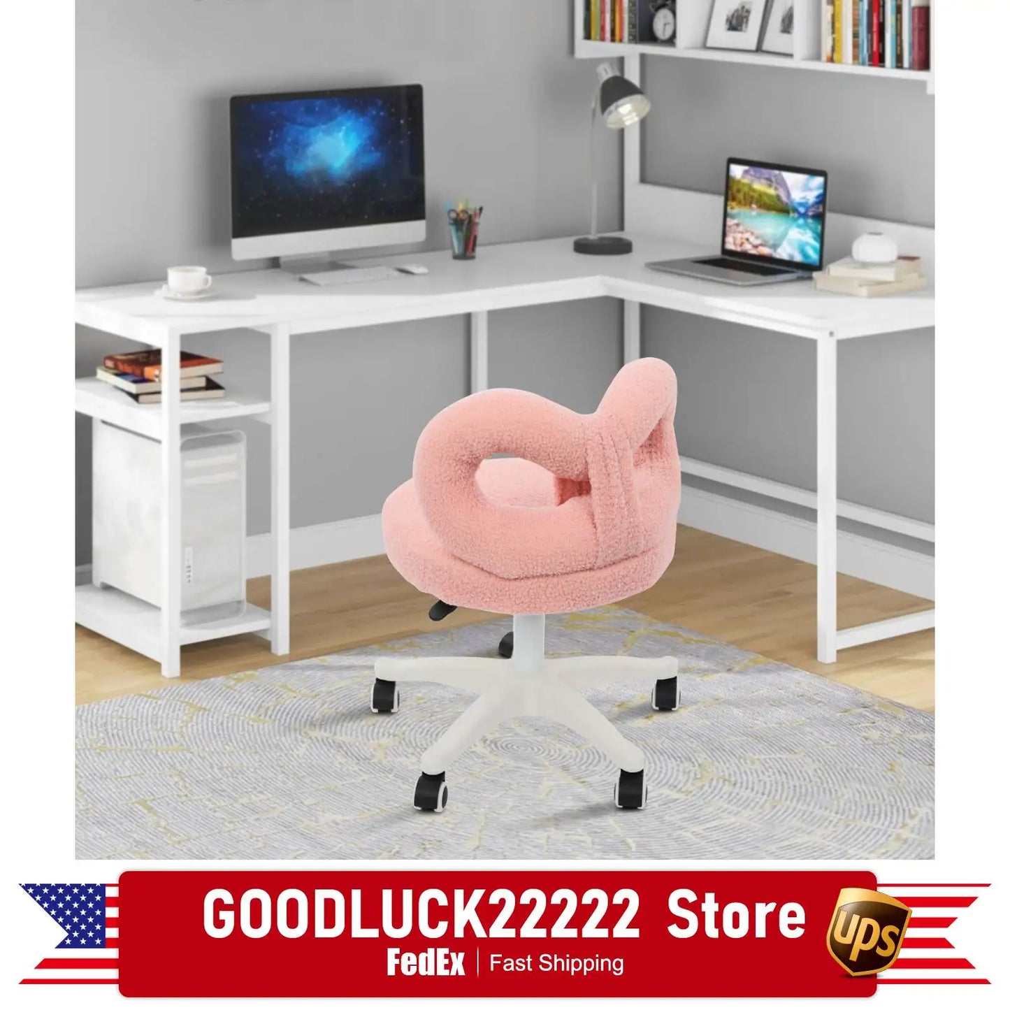 Vanity Chair, Pink Fluffy Boucle Swivel Desk Chair with Sturdy Iron Frame, High-Resilience Sponge Padding, Durable Makeup Stool