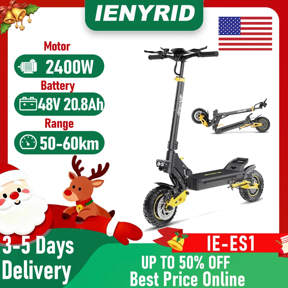 IENYRID ES1 Electric Scooter Foldable 2400W Dual Motor 48V20.8Ah Lithium Battery E-Scooter 10-inch Tires Adult City E-Scooter
