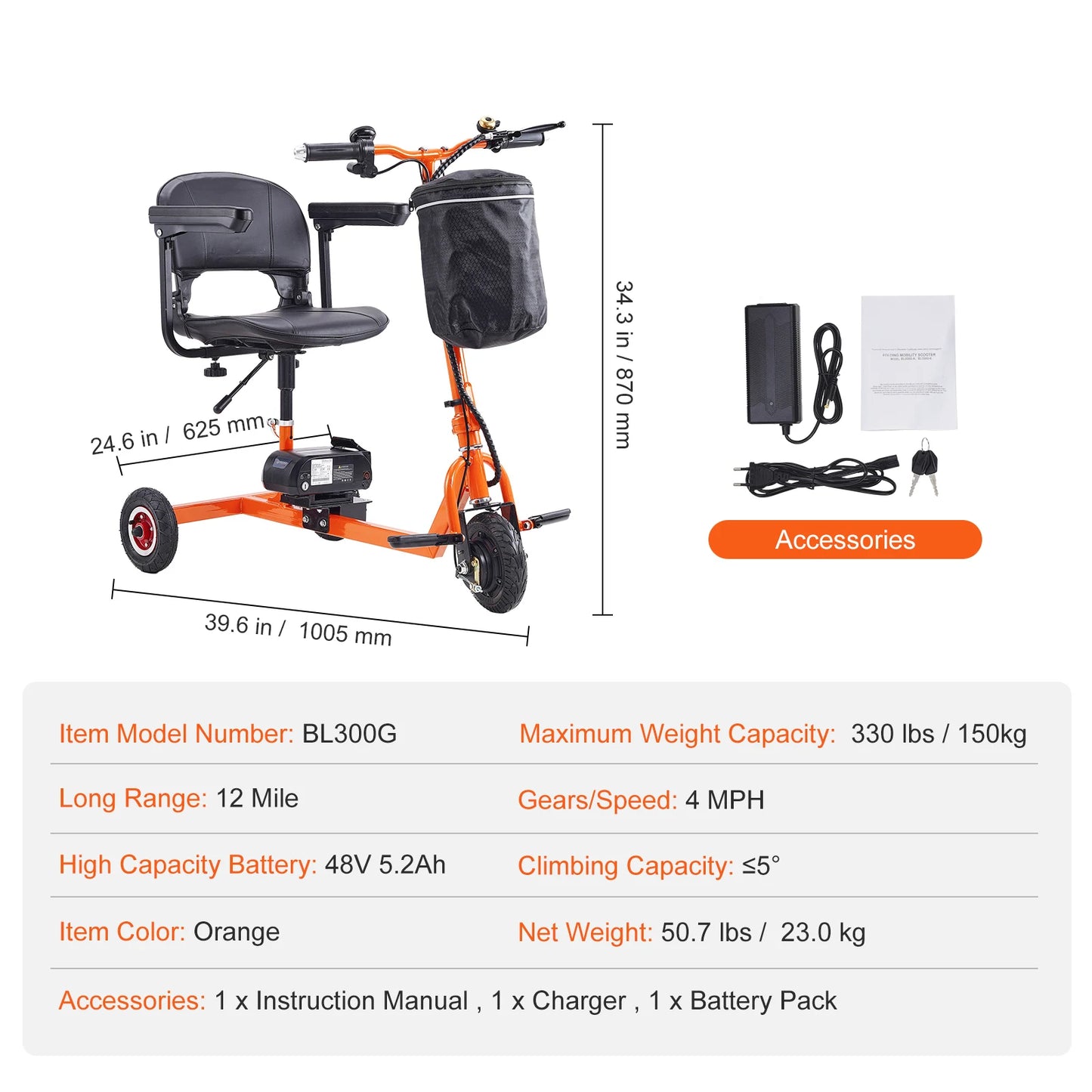 SucceBuy Foldable 3 Wheel Mobility Scooter for Seniors Portable Electric Powered Mobility Scooter All Terrain Travel Wheelchair
