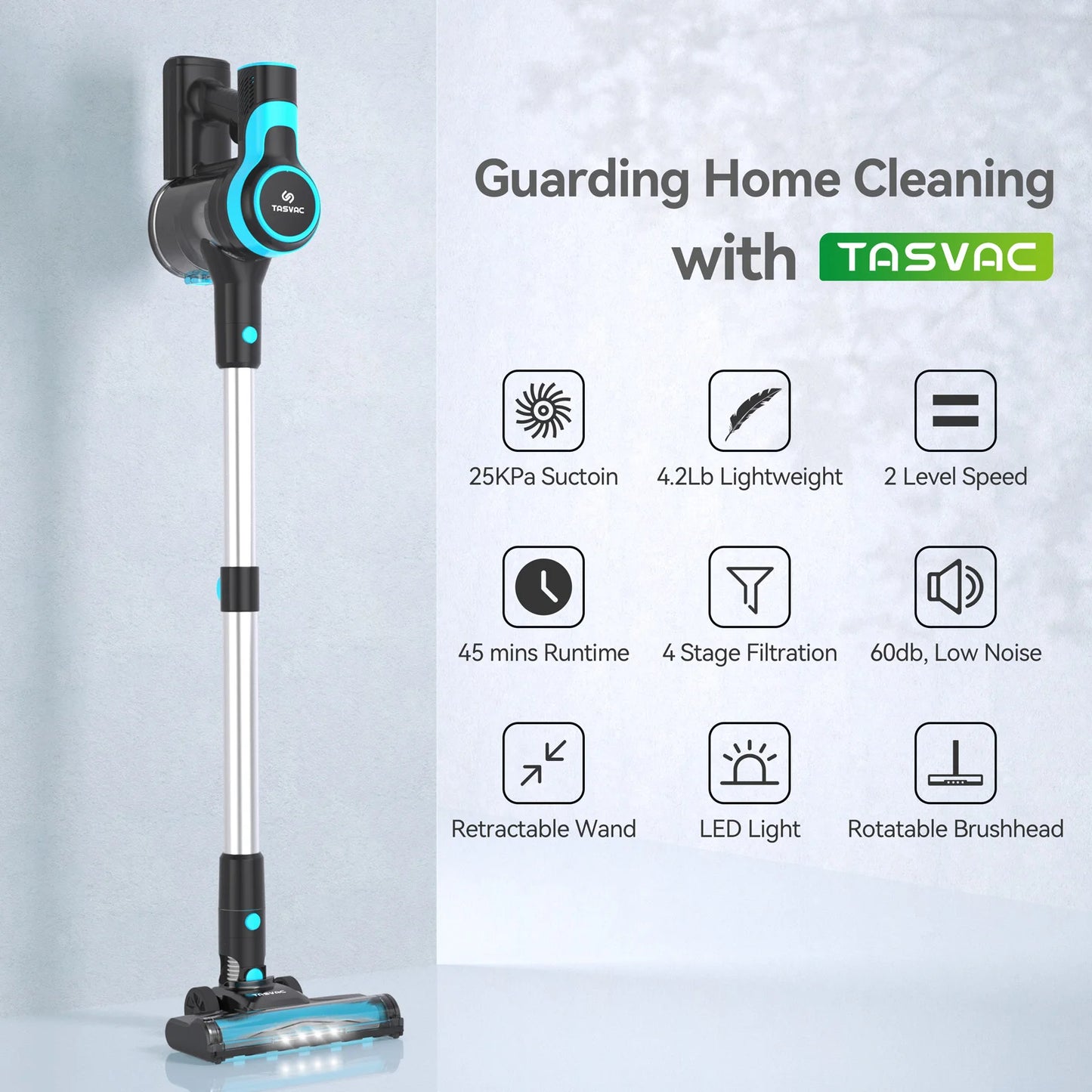 TASVAC 28KPa Cordless Vacuum Cleaner Powerful Suction 6-in-1 Lightweight Handheld Stick Vacuum 40min Runtime for Carpet Pet Hair