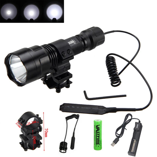 2500LM 500-800M Range LED Tactical Hunting Flashlight Portable Torch Outdoor Waterproof Lantern+18650+USB Charger +Switch