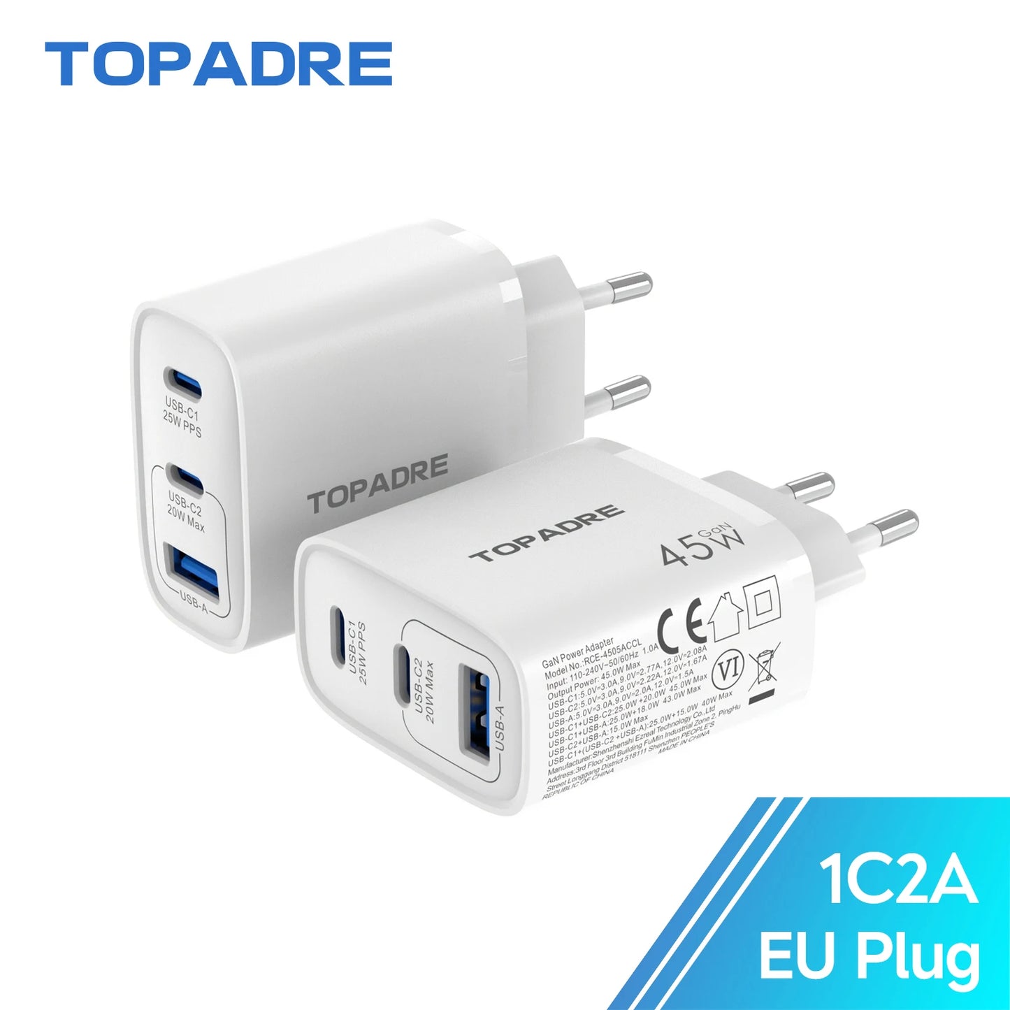 2-Packs 3in1 45W USB Charger Fast Charge QC 3.0 Wall Charging For iPhone Samsung Xiaomi Mobile EU US AU  Plug Adapter Travel