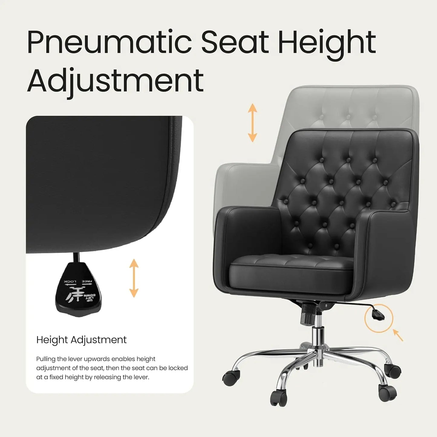Home Desk Chair with Armrest,Leather Swivel Office Chair Adjustment Height with Wheels,Comfortable Padded Seat,Black