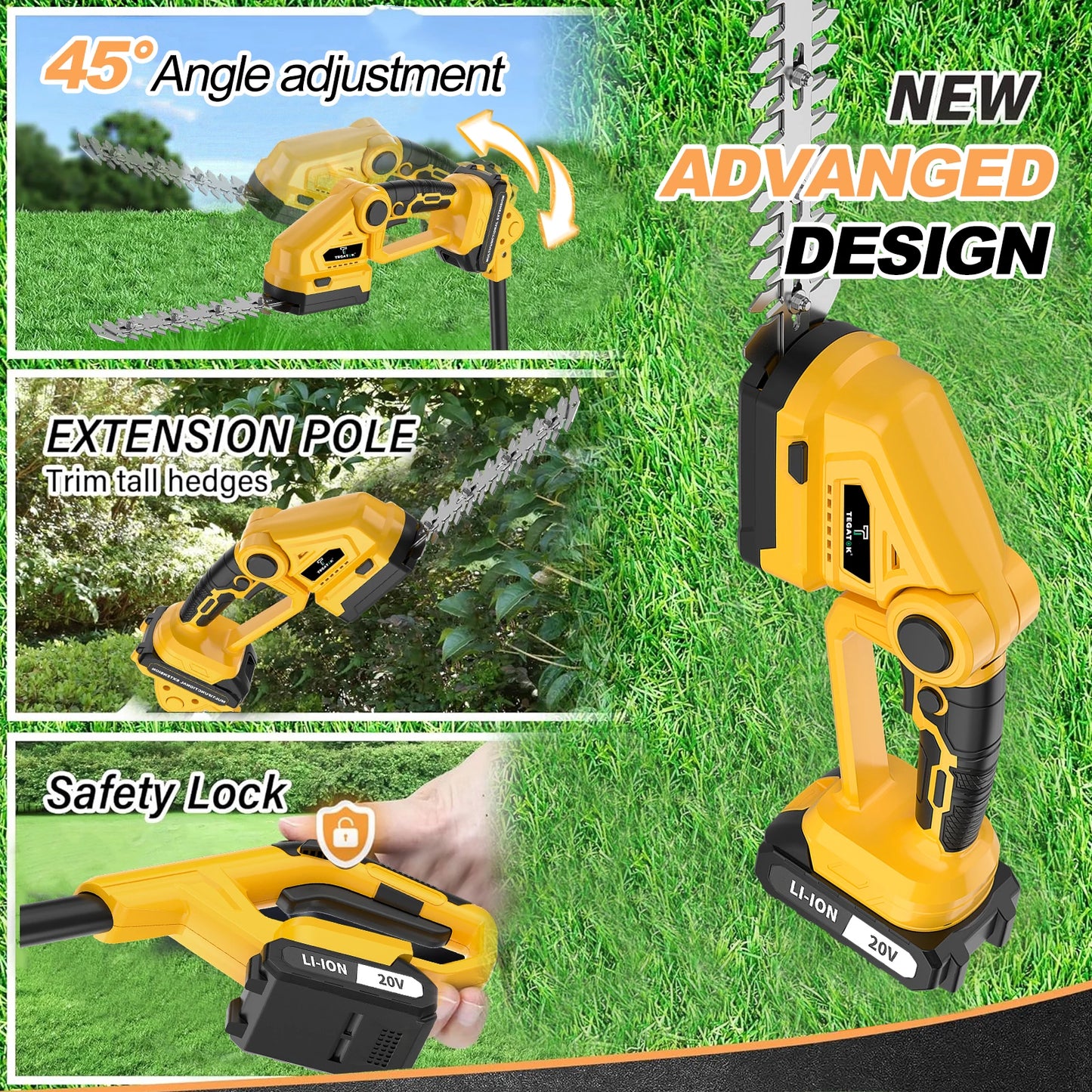 TEGATOK 2-In-1 Electric Hedge Trimmer With Extension Pole Cordless