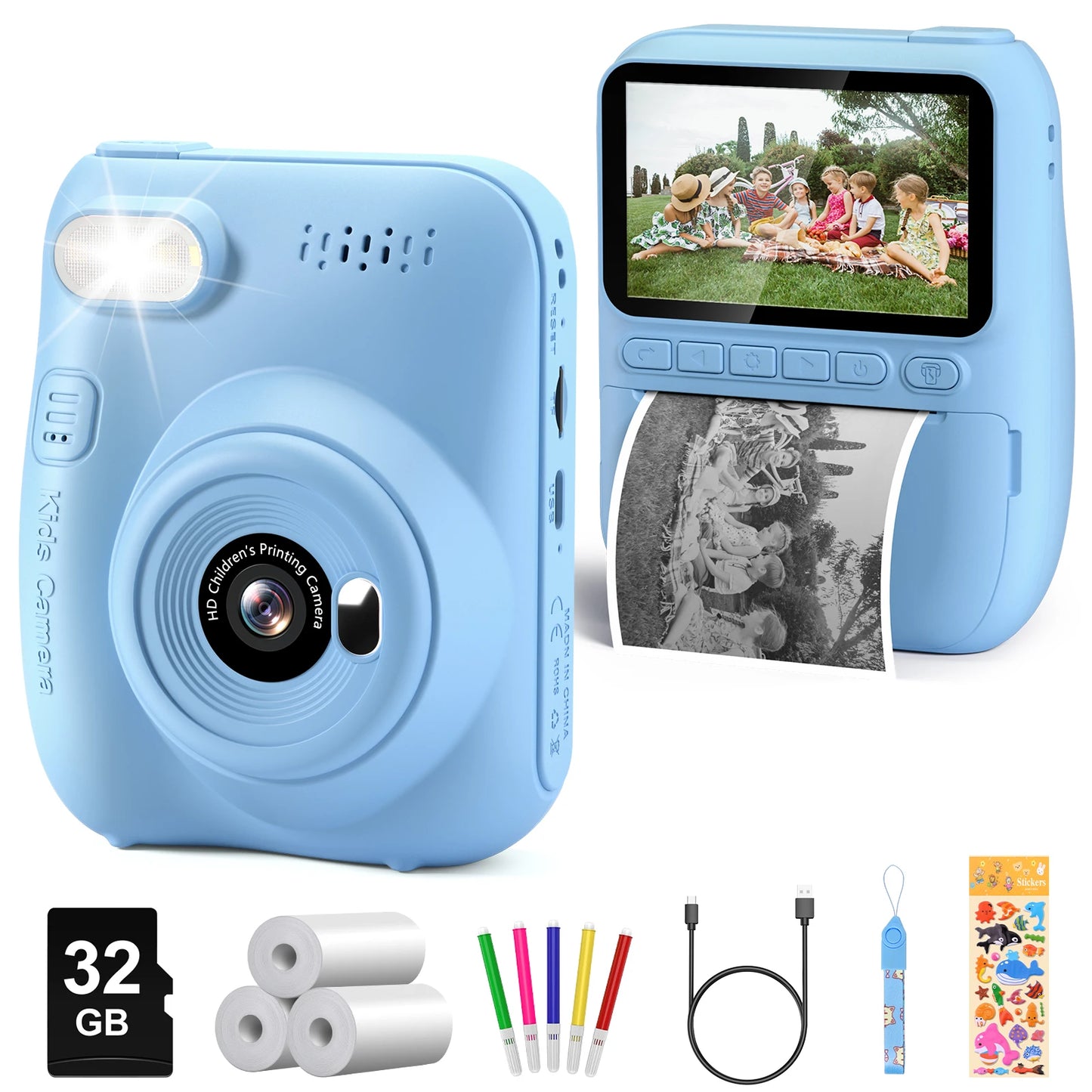Kids Digital Camera 3.0" Portable Instant Print Camera 32MP HD 1080P Camera Toy Gift For 6-12 Year With 3 Rolls Printer Paper