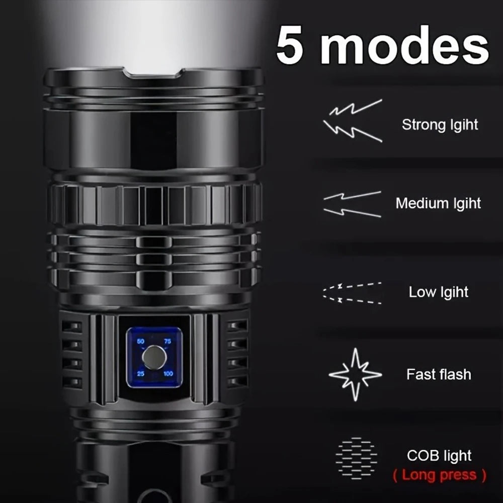 High Power LED Flashlight Super Bright LED Spotlight Long Range Torch Emergency Outdoor With 5 Lighting Modes Zoomable