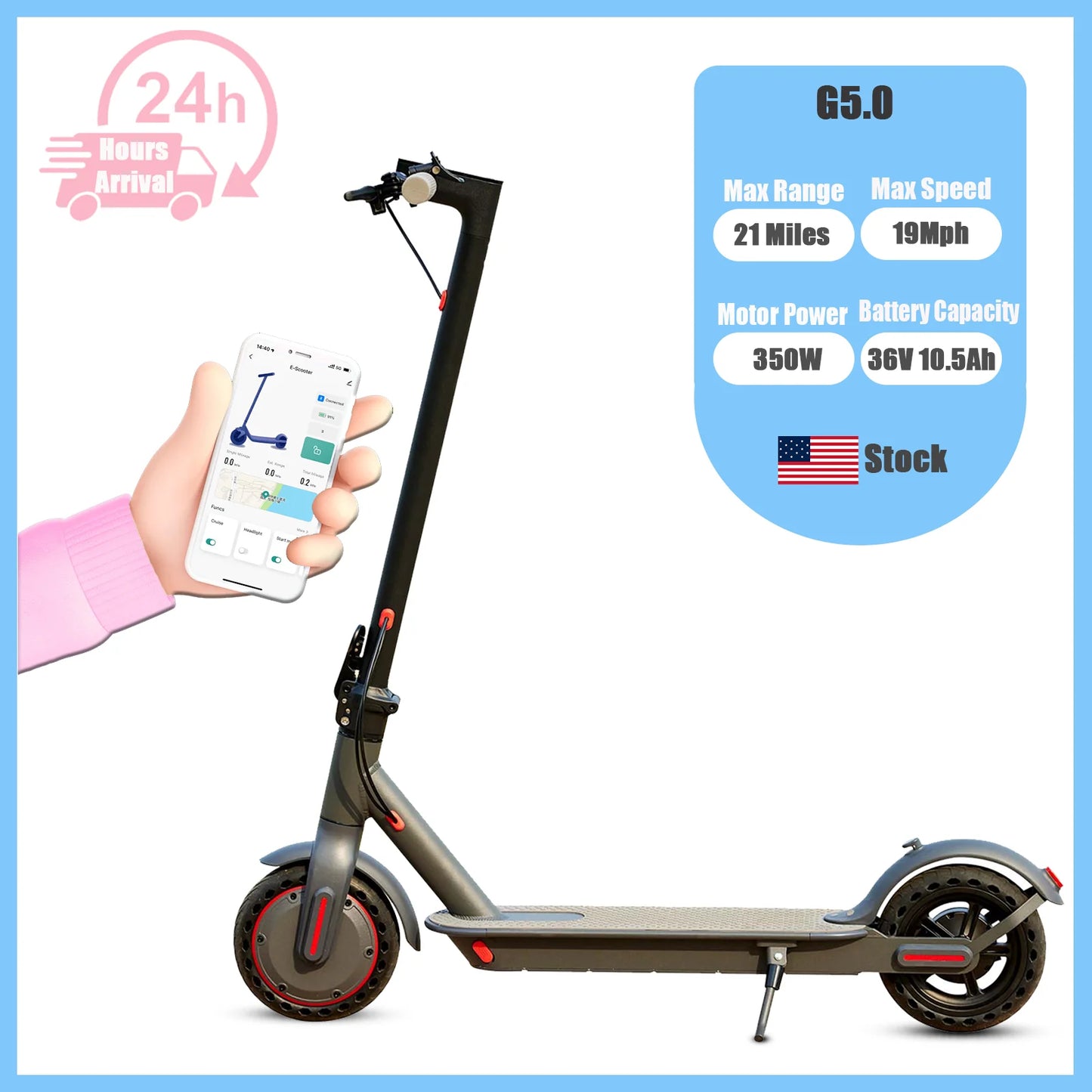 G5.0 Electric Scooter 36V 10.5AH High Capacity Battery 21Miles Long Range 19Mph 350 Motor 8.5Inch Tyres Foldable Escooter