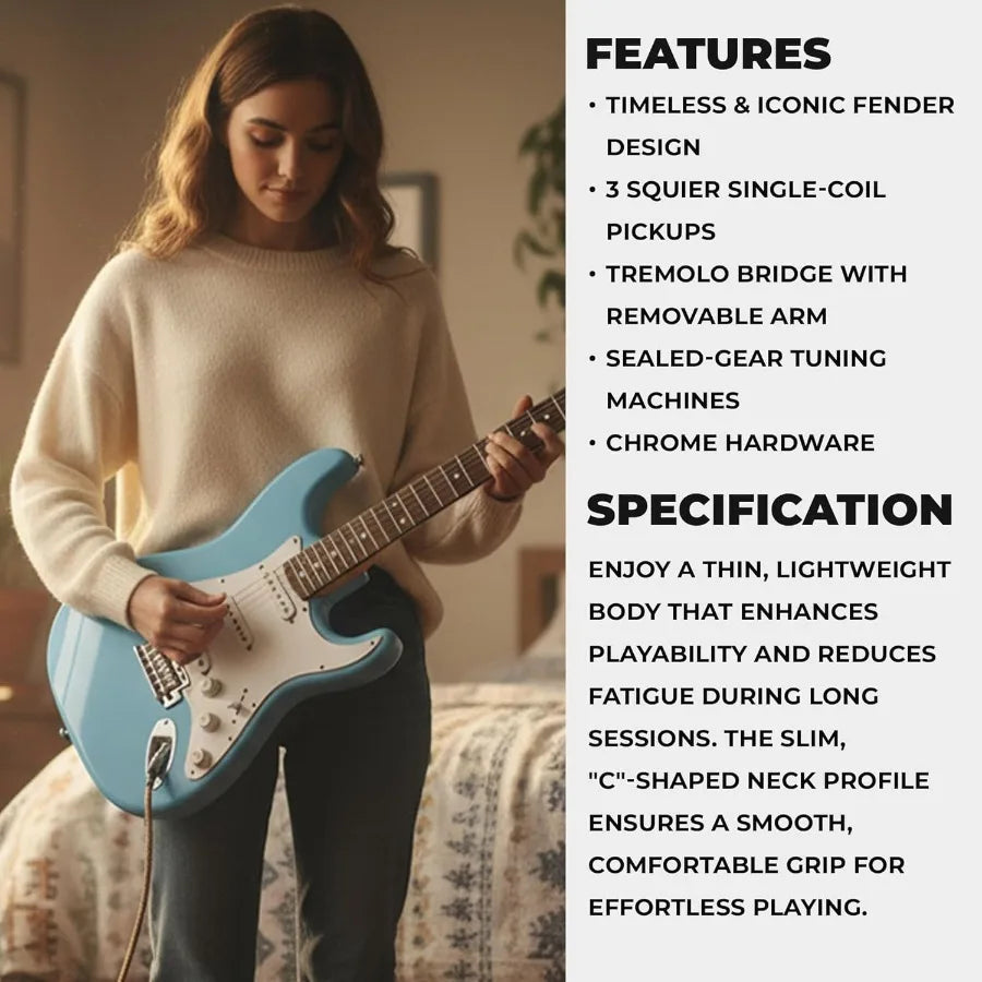 Squier Stratocaster Electric Guitar in Daphne Blue for Professional and Beginner Musicians - Versatile Tone Lightweight Design