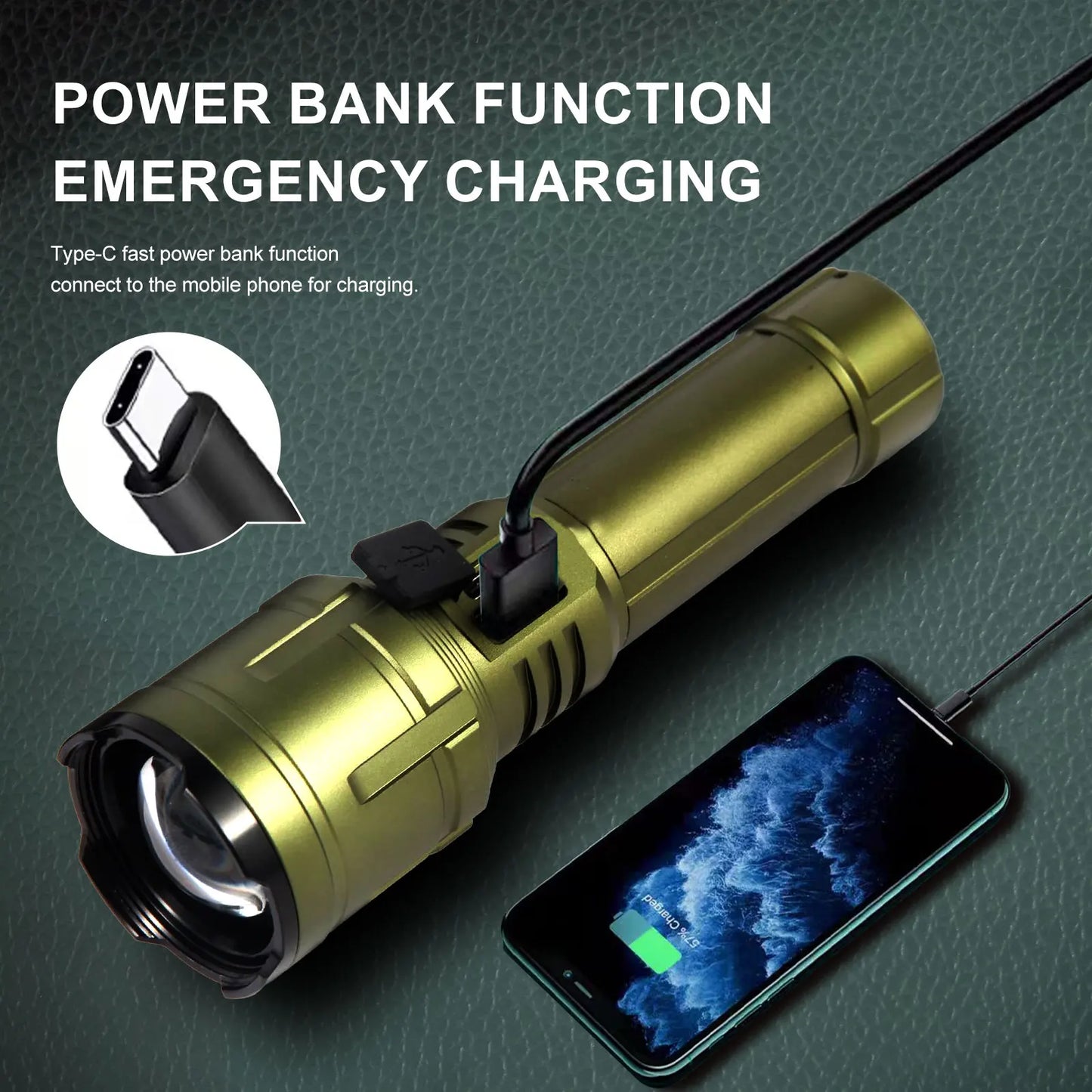 Shan Bao Green Outdoor Camping Mountaineering Zoom Flashlight Strong Light Focusing Light Source Can Ignite The Flame
