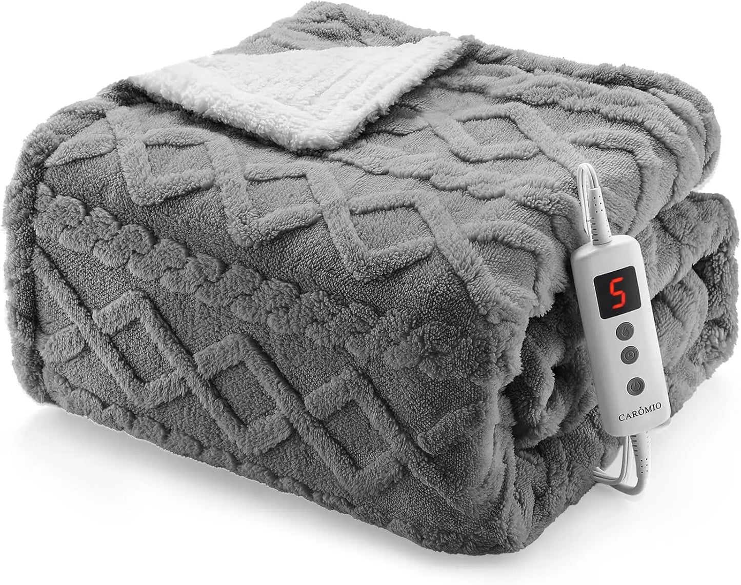 Heated Sherpa Electric Blanket - 10 Heat Levels, 10 Time Settings, ETL Certified, Machine Washable, Grey 50"x60"