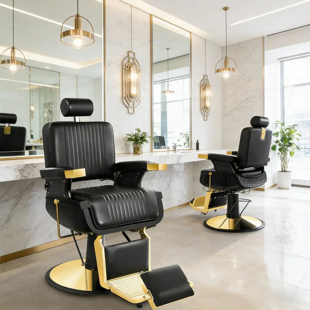 Black Gold Barber Chair, Reclining Salon Chair Hair Stylist, Barber Chairs for Barbershop Supports up to 500lbs, Professional Sa