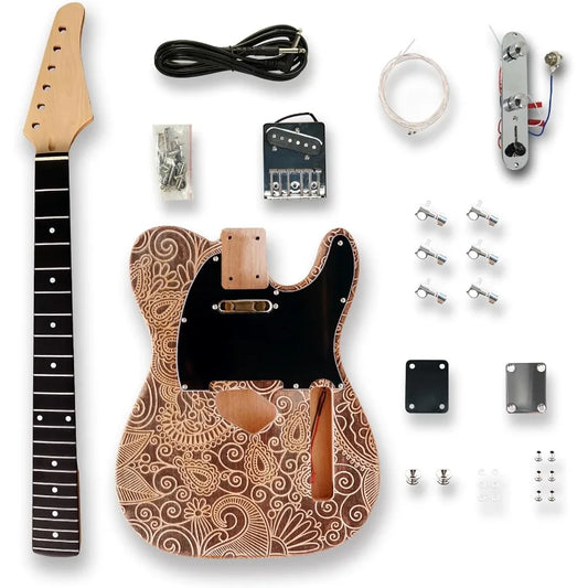 DIY Electric Guitar Kits for TL Style Engraved Surface Natural Color Okoume Wood Body with Maple Neck and Composite Ebony Finge