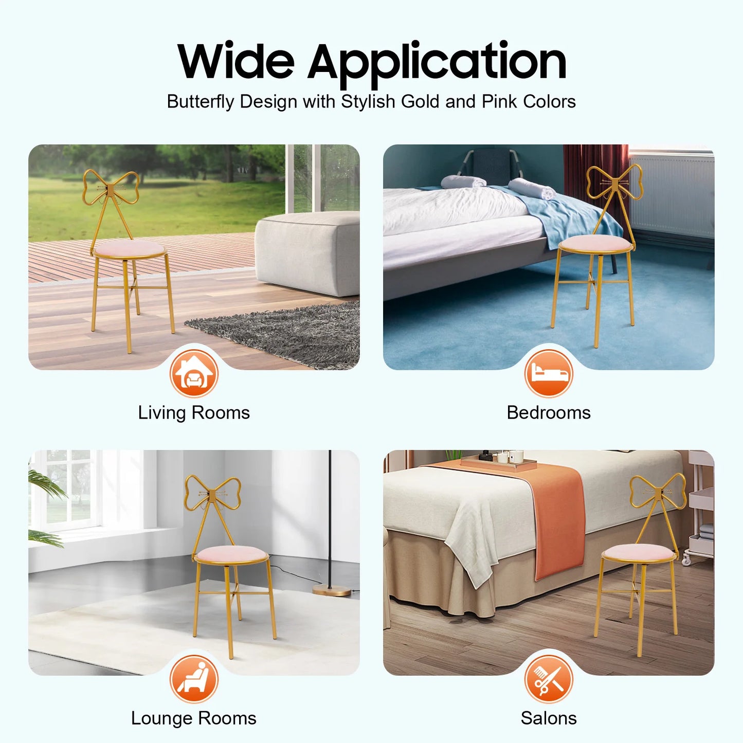 Elegant Pink Butterfly Backrest Chair with Soft Cushion, 100kg Load Iron Frame Dining Chair for Living Room Bedroom Cafe Decor