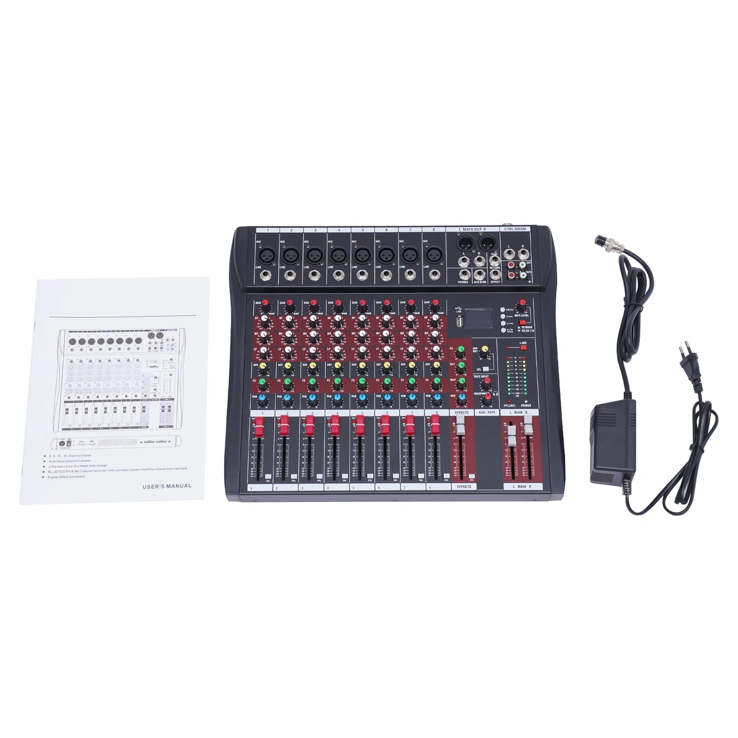 7/8-Channel Professioneller Mixer, Soundboard Konsole with Bluetooth USB PC Recording Input XLR Microphone Jack