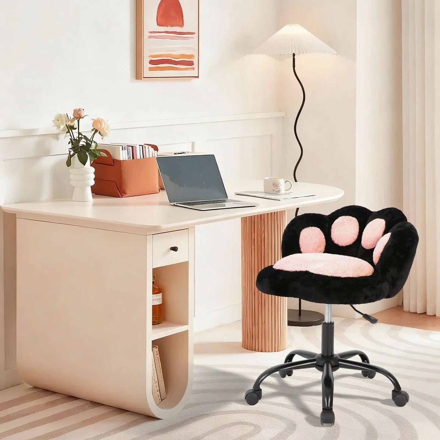 Vanity Chair with Wheels,Cute Cat Paw Office Chair with Back,360°Rotating Height Adjustable Armless Chair in Vibrant Color