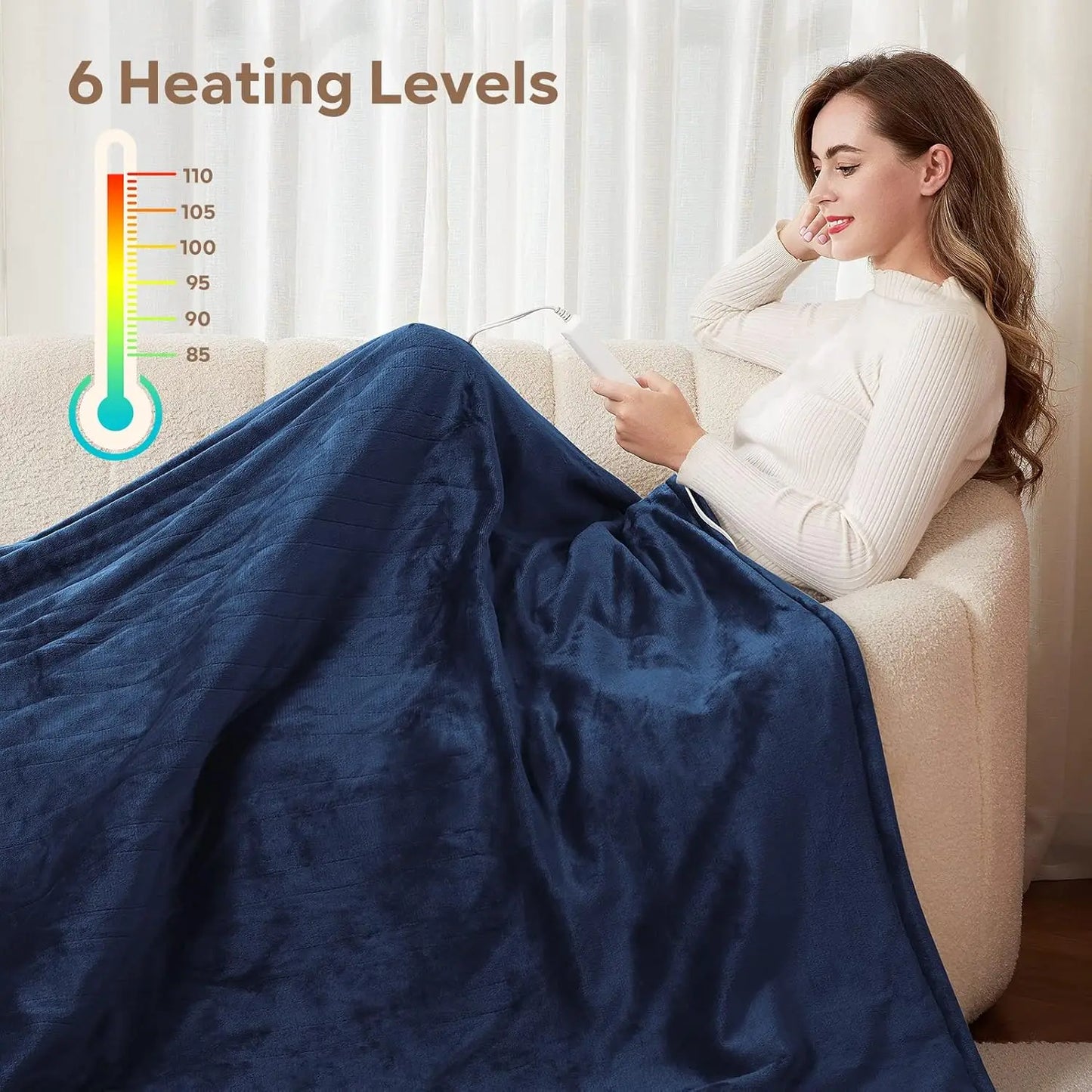 Queen Electric Heated Blanket 84x90 Inches, 6 Heat Levels & Auto Timer, Fast Heating Ultra Soft Flannel, Machine Washable Blue